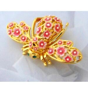Joan Rivers Bee Brooch Pin Cherry Blossom Flower Pink Enamel Flower Pave Crystal